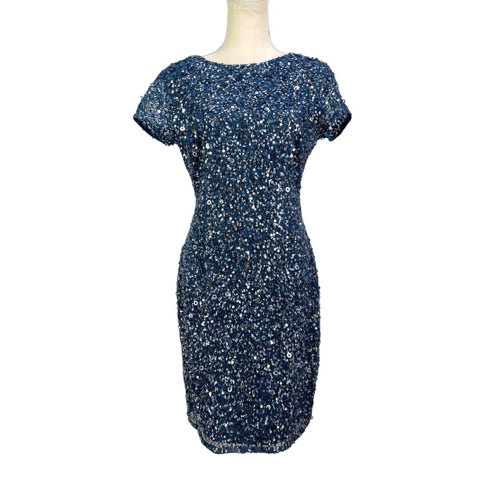 Adrianna Papell Stretch Sequin Blue Silver Mini Dress Cocktail Party New Years